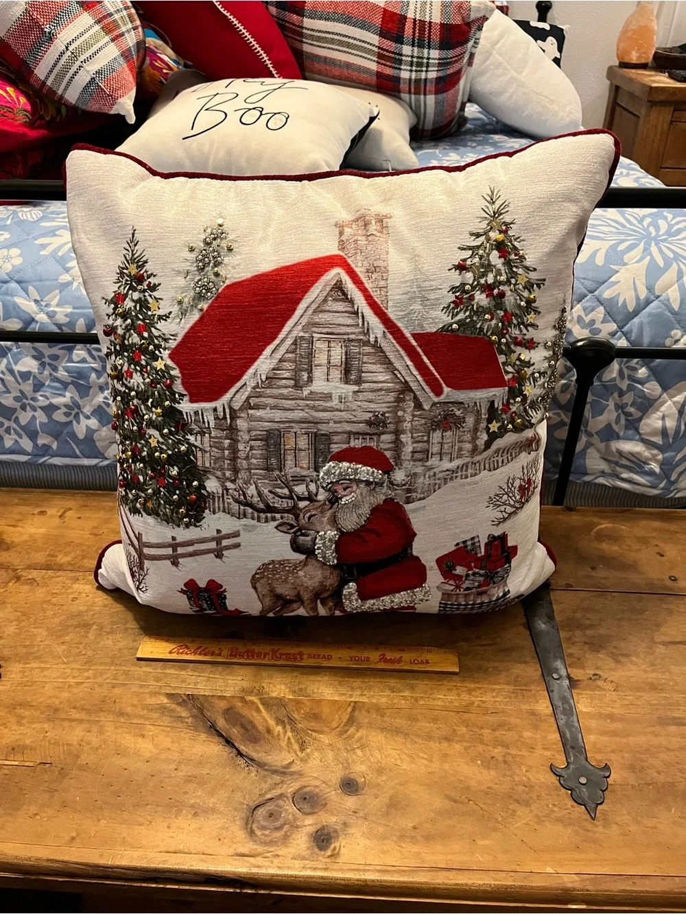 Christmas Santa Cabin Decorative Throw Pillow - Red & White